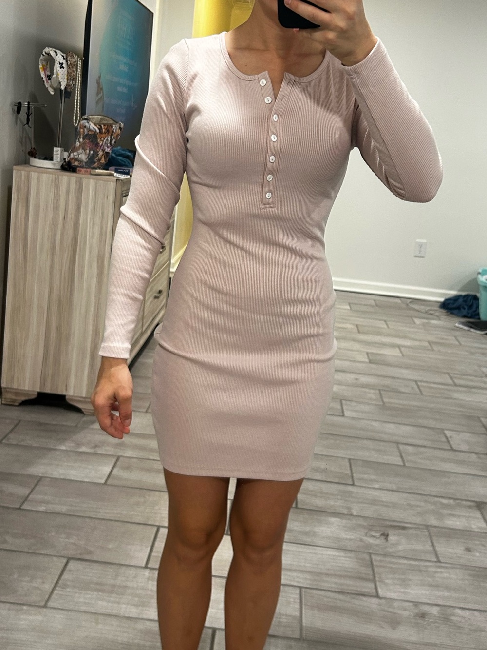 Pink Lily Ribbed Long-Sleeve Henley Bodycon Dress — Light Mauve